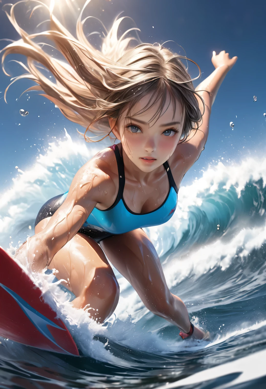 a dynamic sports photography scene, 1girl, cute girl surfing, powerful surfing scene, big wave, beautiful riding pose, stunning surfing riding:1.2, through bangs, detailed cute face and  eyes, (best quality,4k,8k,highres,masterpiece:1.2),ultra-detailed,(realistic,photorealistic,photo-realistic:1.37),HDR,studio lighting,vivid colors,wet skin, big  wave, Splashing waves, prism effect, bokeh,photography, face focus:1.2