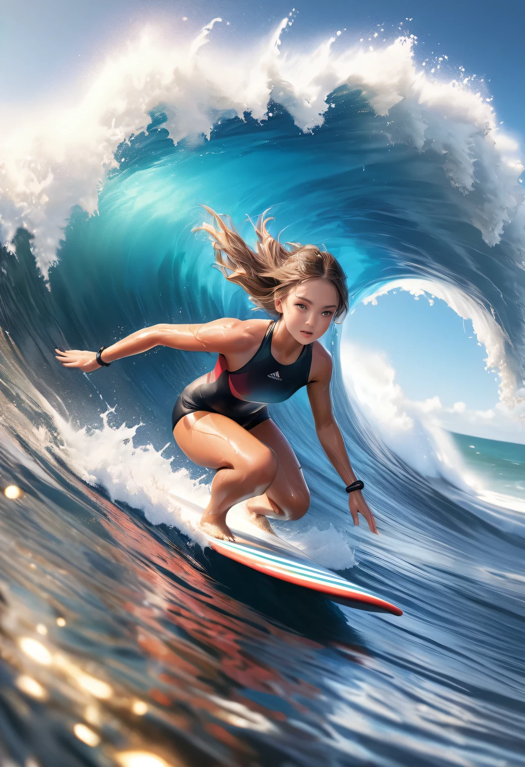 a dynamic sports photography scene, 1girl, cute girl surfing, powerful surfing scene, big wave, beautiful riding pose, stunning surfing riding, detailed cute face and  eyes, (best quality,4k,8k,highres,masterpiece:1.2),ultra-detailed,(realistic,photorealistic,photo-realistic:1.37),HDR,studio lighting,vivid colors,wet skin, big  wave, Splashing waves, prism effect, bokeh,photography