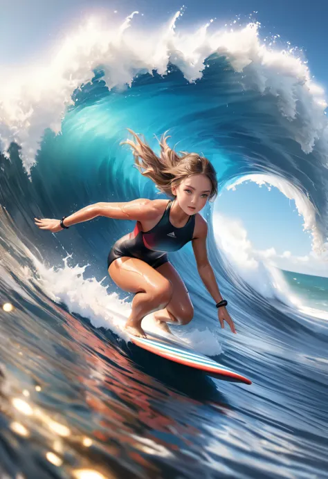 a dynamic sports photography scene, 1girl, cute girl surfing, powerful surfing scene, big wave, beautiful riding pose, stunning ...