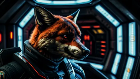 a progressive, sovereign, aggressive, wicked, bad, evil, redfox, in background a futuristic violent starship command bridge, wea...