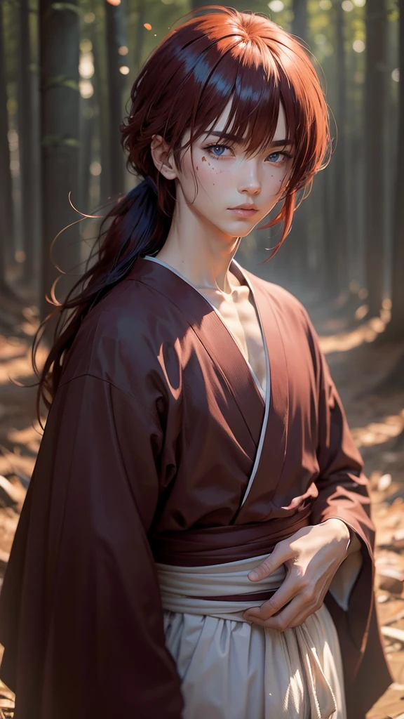 Kenshin Himura（Sword Sai）、Portraiture、Black Hair、samurai、Calm expression、Flowing red hair、A look of determination、Army Court、Soft Ambient Lighting、Bamboo forest background、X mark on face、X mark on left cheek、The x mark on the face is dark、The x mark on the face is large、37 years old、solo。
