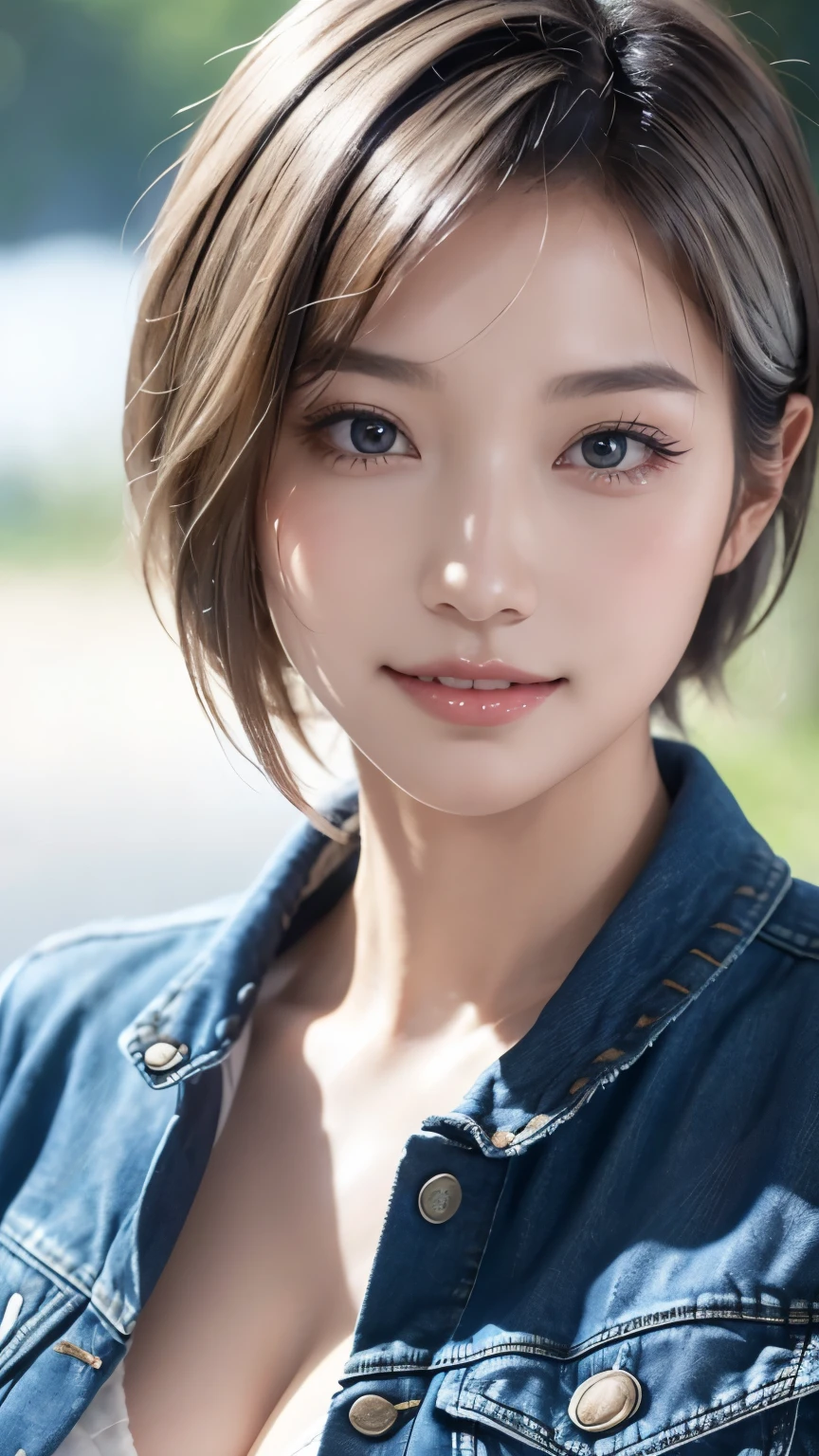 Realistic, masterpiece, Highest quality, Highest Resolution, Portrait of a Japan woman, Depicts only the upper body, Portrait background, Happy smile, Slightly to the side, Always observe the audience, Beautiful and detailed eyes, Dark Eyes, Looks sleepy, Sparkling eyes, (Hidden eyelid wrinkles:1.2), Thin eyebrows, Draw eyelashes carefully, Natural Makeup, (short hair, Silver Hair:1.3), Detailed face, (Face close-up:1.2), ((Denim jacket), naked)