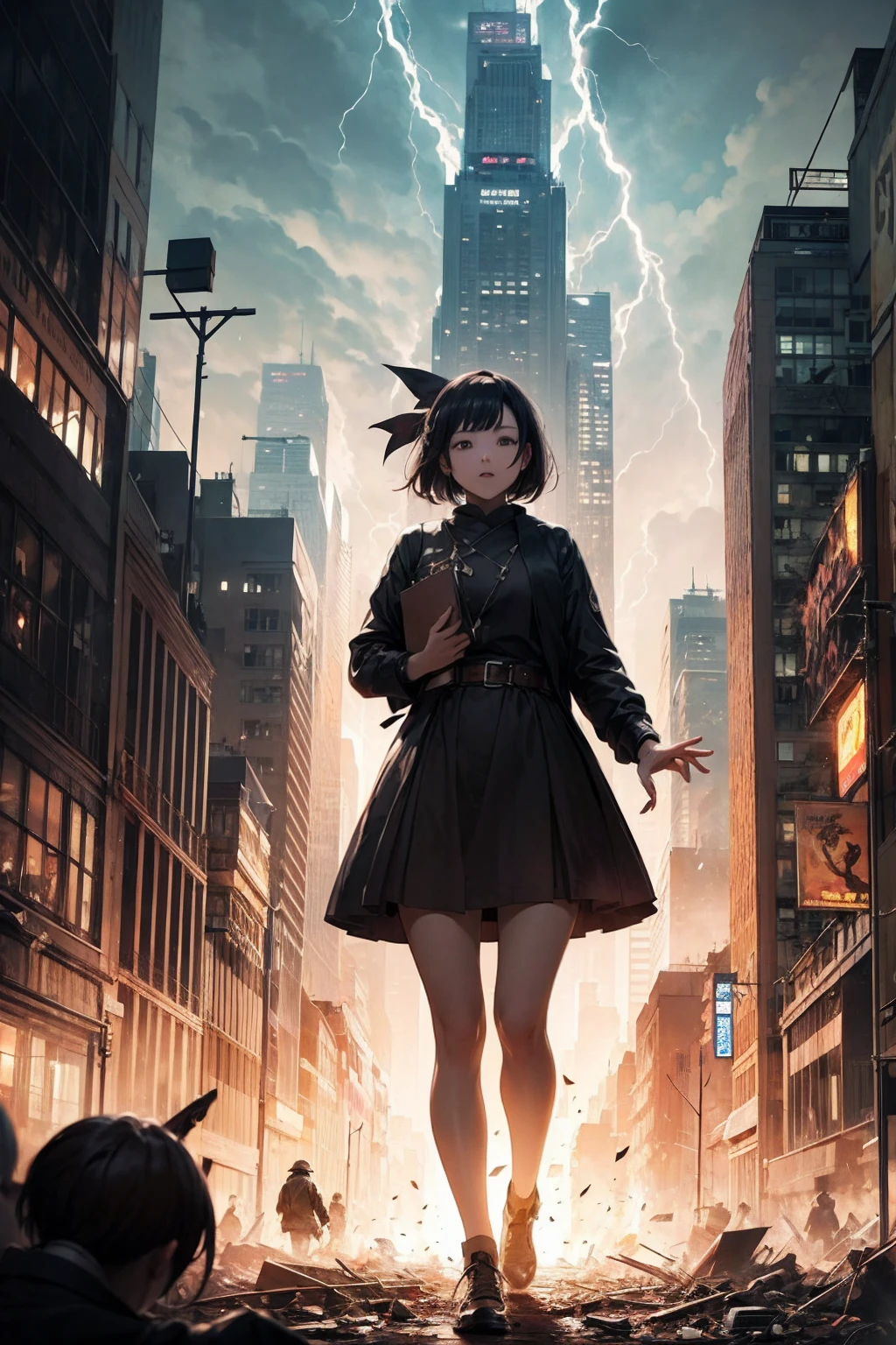 giantess、Giantess、naked、smile、The giant woman who will destroy the world、The end of the world、Big cities to be destroyed、ruined big city、storm、thunder、heavy rain、The fugitive々、A lot of people、Panicking crowd、Spooky atmosphere、Horror、The bad guys take over the world、Red eyes、Bob Hair、Female student&#39;s body