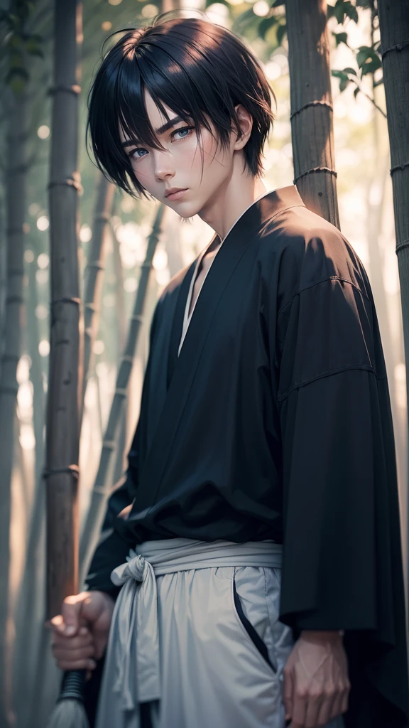 Kenshin Himura（Sword Sai）、Portraiture、Black Hair、samurai、Calm expression、Flowing black hair、A look of determination、Black jersey、Adidas、Soft Ambient Lighting、Bamboo forest background、X mark on face、X mark on left cheek、The x mark on the face is dark、The x mark on the face is large、37 years old、solo。Get Ready