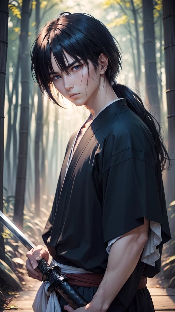 Kenshin Himura（Sword Sai）、Portraiture、Black Hair、samurai、Calm expression、Flowing black hair、A look of determination、Black jersey、Adidas、Soft Ambient Lighting、Bamboo forest background、X mark on face、X mark on left cheek、The x mark on the face is dark、The x mark on the face is large、3、solo。Get Ready