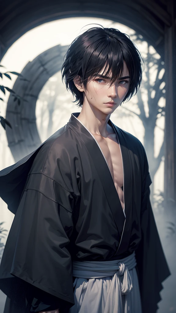 Kenshin Himura（Sword Sai）、Portraiture、Black Hair、samurai、Calm expression、Flowing black hair、A look of determination、Black jersey、Adidas、Soft Ambient Lighting、Bamboo forest background、X mark on face、X mark on left cheek、The x mark on the face is dark、The x mark on the face is large、37 years old、solo。profile