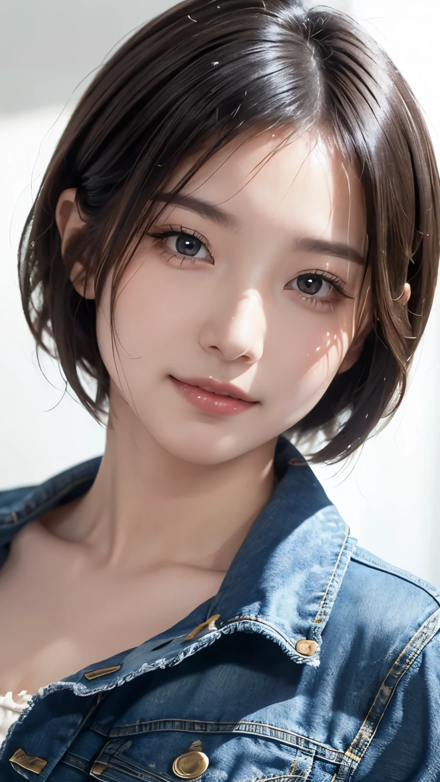 Realistic, masterpiece, Highest quality, Highest Resolution, Portrait of a Japan woman, Depicts only the upper body, Portrait background, Happy smile, Slightly to the side, Always observe the audience, Beautiful and detailed eyes, Dark Eyes, Looks sleepy, Sparkling eyes, (Hidden eyelid wrinkles:1.2), Thin eyebrows, Draw eyelashes carefully, Natural Makeup, (short hair, Silver Hair:1.3), Detailed face, (Face close-up:1.2), ((Denim jacket), naked)