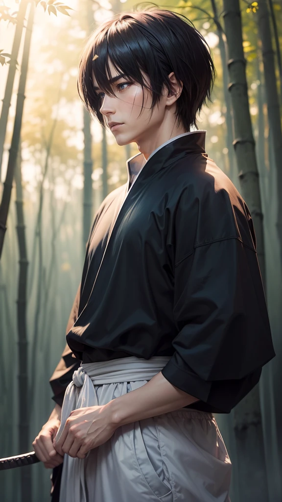 Kenshin Himura（Sword Sai）、Black Hair、samurai、Calm expression、Flowing black hair、A look of determination、Black jersey、Adidas、Soft Ambient Lighting、Bamboo forest background、X mark on face、X mark on left cheek、The x mark on the face is dark、The x mark on the face is large、37 years old、solo。profile、Upper Body