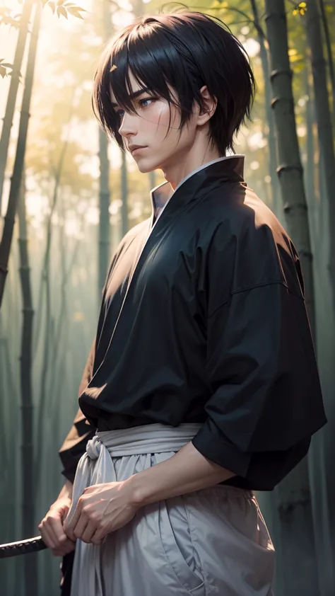 Kenshin Himura（Sword Sai）、Black Hair、samurai、Calm expression、Flowing black hair、A look of determination、Black jersey、Adidas、Soft...