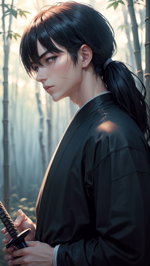 Kenshin Himura（Sword Sai）、Black Hair、samurai、Calm expression、Flowing black hair、A look of determination、Black jersey、Adidas、Soft Ambient Lighting、Bamboo forest background、X mark on face、X mark on left cheek、The x mark on the face is dark、The x mark on the face is large、37 years old、solo。profile、Upper Body