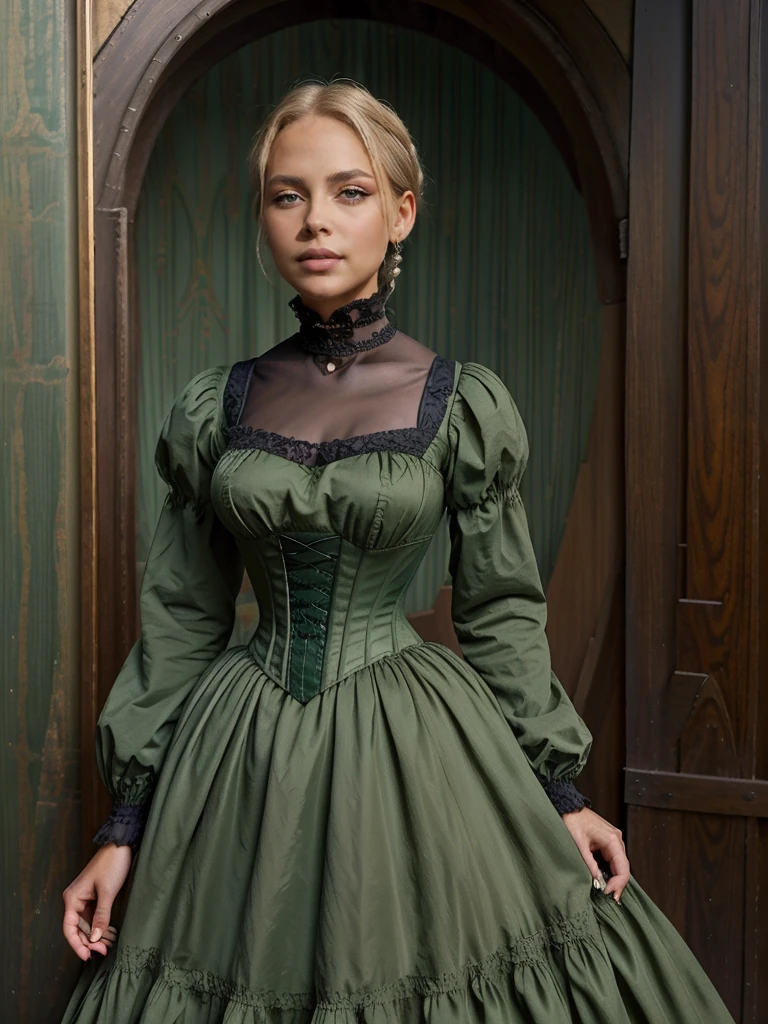 Foto hiperrealista en primer plano de 20 years old Maria Bello, Crea obras maestras distópicas, Ropa de la época victoriana, vestido rico, vistiendo un vestido de la época victoriana con mangas largas, vestido verde, salón victoriano, Mujer hermosa, flaco, senos pequeños, pelo rubio liso, cara detallada, sonríe sonríe, foto tomada desde la distancia, 20 años lágrimas de edad