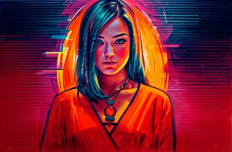 a vibrant, cinematic portrait of a young woman with striking, expressive features. her face is a kaleidoscope of bold, vivid col...