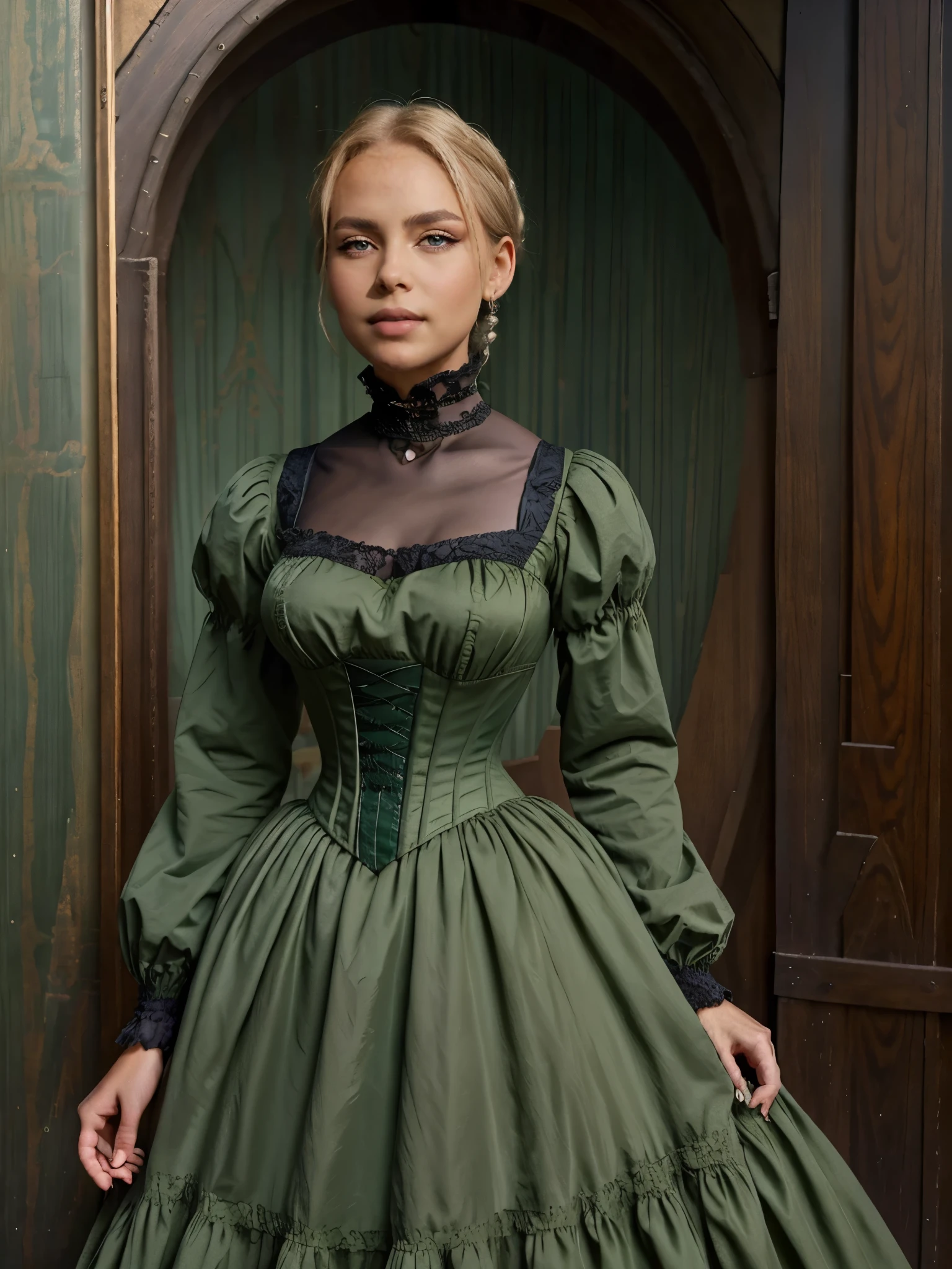 Photo hyperréaliste en gros plan de Maria Bello, 20 ans, Créez des chefs-d&#39;œuvre dystopiques, Vêtements de l&#39;époque victorienne, Robe riche, porter une robe de l&#39;époque victorienne à manches longues, robe verte, salon victorien, Belle femme, maigre, Petits seins, cheveux blonds raides, Visage détaillé, souris souris, photo prise de loin, 20 ans, vieilles larmes