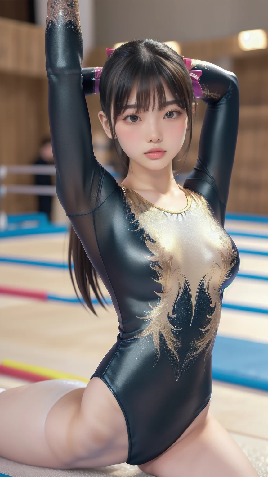 ((indoor, 新Gymnastics arena, Gymnastics arena:1.3)), (Highly detailed skin, Beautiful realistic face, White skin, Pointed Chest, Small nipples, Perfect Anatomy, Realistic eyes, Natural Eyes, Brown eyes, Accurate eye focus, Accurate limbs), (Hyper Realist, Ultra-realistic, 4K, Attention to detail, Ultra-high resolution, Highest quality, masterpiece, Presence, dynamic, Uplifting, bold, Sharpness), (Thinning hair:2, Soft Hair:2, Straight hair:1.5, Long, slicked bangs, Light copper amber hair, Hair on one eye, Twin tail hair), (Female gymnast, Detailed costume, Wearing a long sleeve leotard:1.5), Shiny long sleeve leotard, Metallic colors長袖レオタード, Racing long sleeve leotard, Gymnastics Long Sleeve Leotard, ((High leg long sleeve leotard, Long sleeve leotard with crystal embellishment)), ({Metallic red color| Metallic purple color| Metallic white color| Metallic navy color| Metallic pink color| Metallic gold color| Metallic silver color| Metallic black color| Metallic colors}Long sleeve leotard colors), (Big Breasts:1.5), Tall, Elongated arms and legs, Small waist, Small hips, (Crouching, M-shaped split, Squat:1.2, Squat with your legs wide apart, Spread your legs), The long-sleeved leotard is digging into her butt, barefoot, Looking into the camera, smile, (Underhair does not grow), 