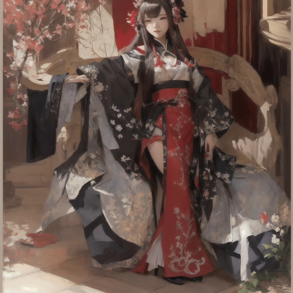 Hay una mujer que lleva un vestido rojo y un sombrero y sostiene un abanico.., El arte detallado del Onmyoji, Gwaiz on pixiv artstation, pixiv contest winner, arte zerochan, Gwaiz, digital art on pixiv, pixiv, Gwaiz on artstation pixiv, palacio ， Chica con vestido Han, trending on artstation pixiv