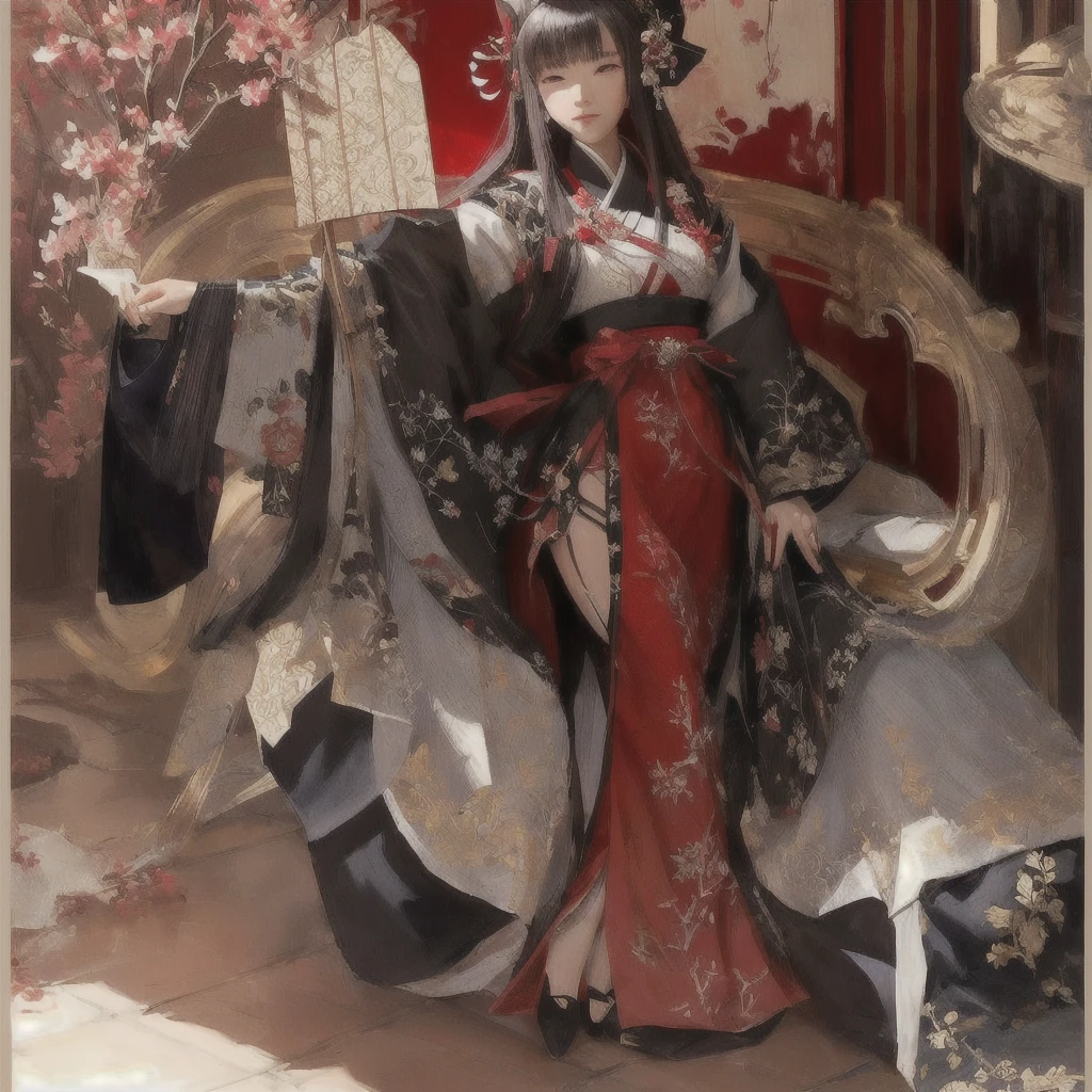 Hay una mujer que lleva un vestido rojo y un sombrero y sostiene un abanico.., El arte detallado del Onmyoji, Gwaiz on pixiv artstation, pixiv contest winner, arte zerochan, Gwaiz, digital art on pixiv, pixiv, Gwaiz on artstation pixiv, palacio ， Chica con vestido Han, trending on artstation pixiv