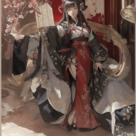 There is a woman wearing a red dress and hat and holding a fan., The Detailed Art of the Onmyoji, Gwaiz on Pixiv artstation, Pix...