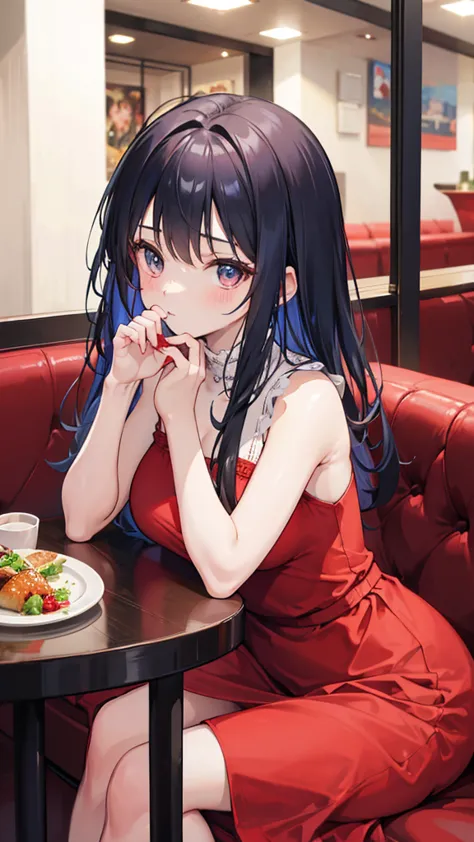 sitting in a booth at a restaurant、Beautiful and confident girl in a lovely red and white dress, There is a big meal in front of...