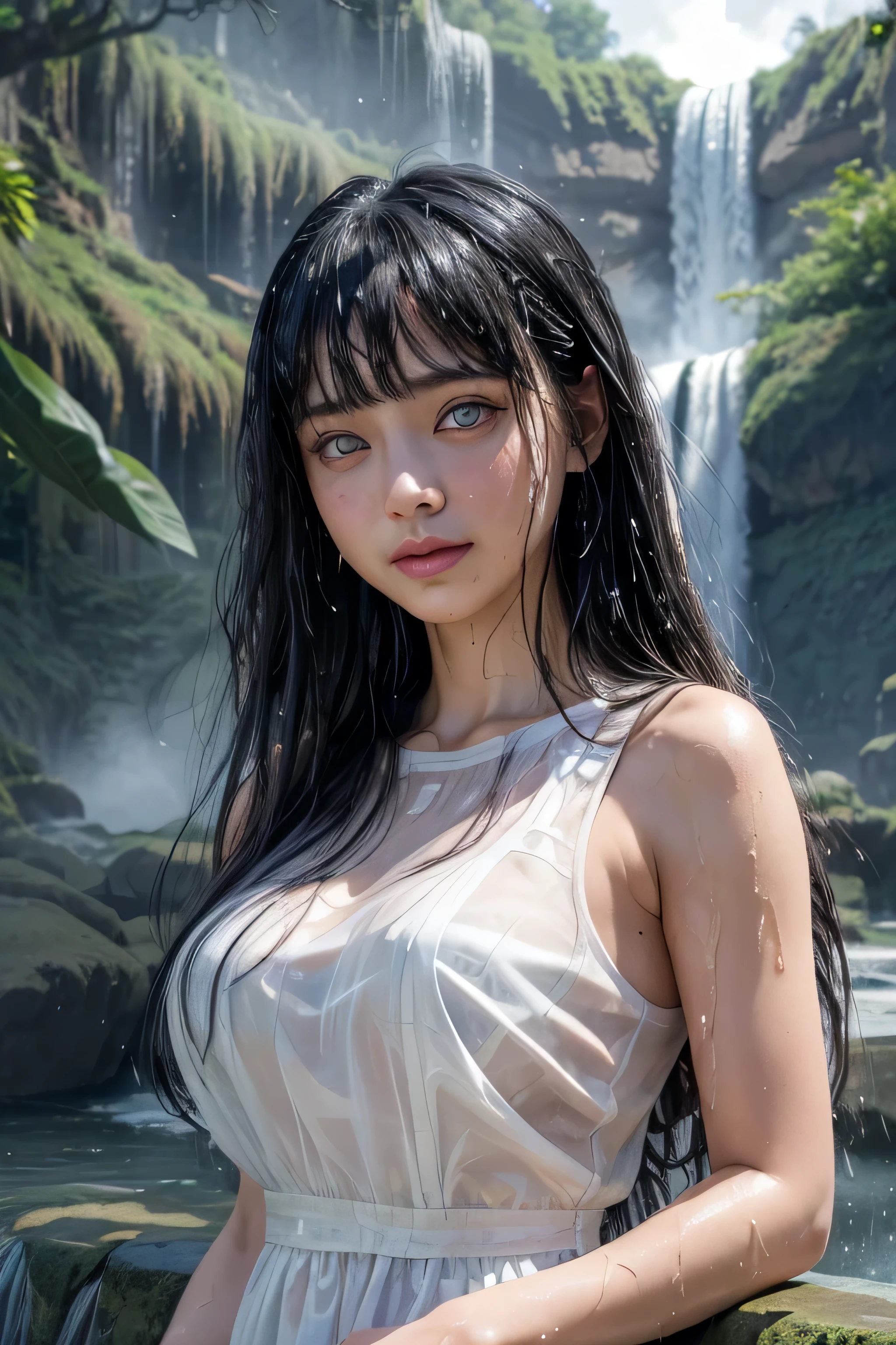 masterpiece, best quality, (realistic,photo-realistic:1.4), (RAW photo:1.2), extremely detailed CG unity 8k wallpaper, delicate and beautiful, amazing,finely detail, official art, absurdres, incredibly absurdres, huge filesize, ultra-detailed,extremely detailed eyes and face,light on face,hinata,(little smile),(black hair:1.4),(long hair:1.4),(wearing white dress:1.5),(nature background:1.4),bangs,(under waterfall:1.5),(wet body:1.5),(potrait:1.5),(byakugan eyes:1.5)
