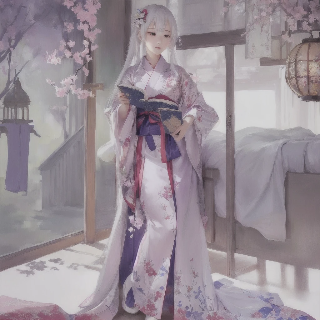 Chica de anime con kimono leyendo un libro en su habitación, dios de pelo blanco, Gwaiz, Lindo anime waifu con un bonito vestido., Gwaiz on pixiv artstation, palacio ， Chica con vestido Han, por Shimo, obra de arte al estilo de Gwaiz, pixiv, digital art on pixiv