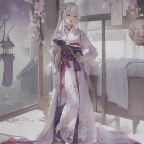 Anime girl in kimono reading a book in her room, White-haired God, Gwaiz, Cute anime waifu in a nice dress, Gwaiz on Pixiv artst...