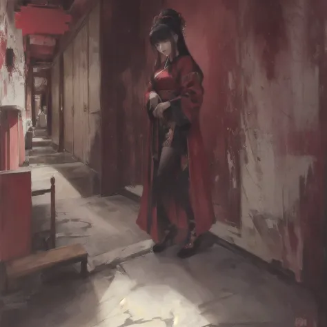 Anime-style painting of a woman in a red robe standing in a hallway, Gwaiz, by Shimo, artwork in the style of Gwaiz, Gwaiz on pi...