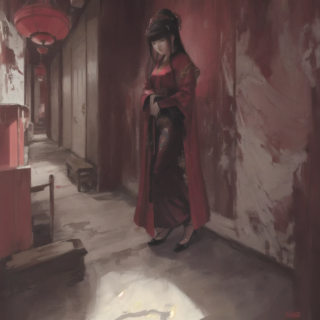 Anime-style painting of a woman in a red robe standing in a hallway, Gwaiz, by Shimo, artwork in the style of Gwaiz, Gwaiz on pixiv artstation, Gwaiz on artstation pixiv, Jan J, palace ， Girl in Han Dress, Inspired by Chung Fenghua