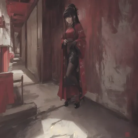 Anime-style painting of a woman in a red robe standing in a hallway, Gwaiz, by Shimo, artwork in the style of Gwaiz, Gwaiz on pi...