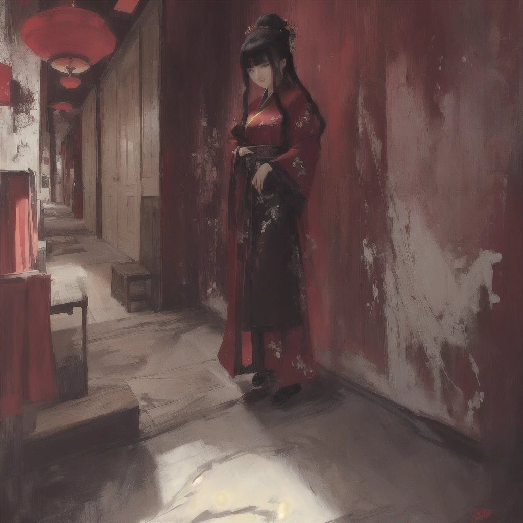 Anime-style painting of a woman in a red robe standing in a hallway, Gwaiz, by Shimo, artwork in the style of Gwaiz, Gwaiz on pixiv artstation, Gwaiz on artstation pixiv, Jan J, palace ， Girl in Han Dress, Inspired by Chung Fenghua