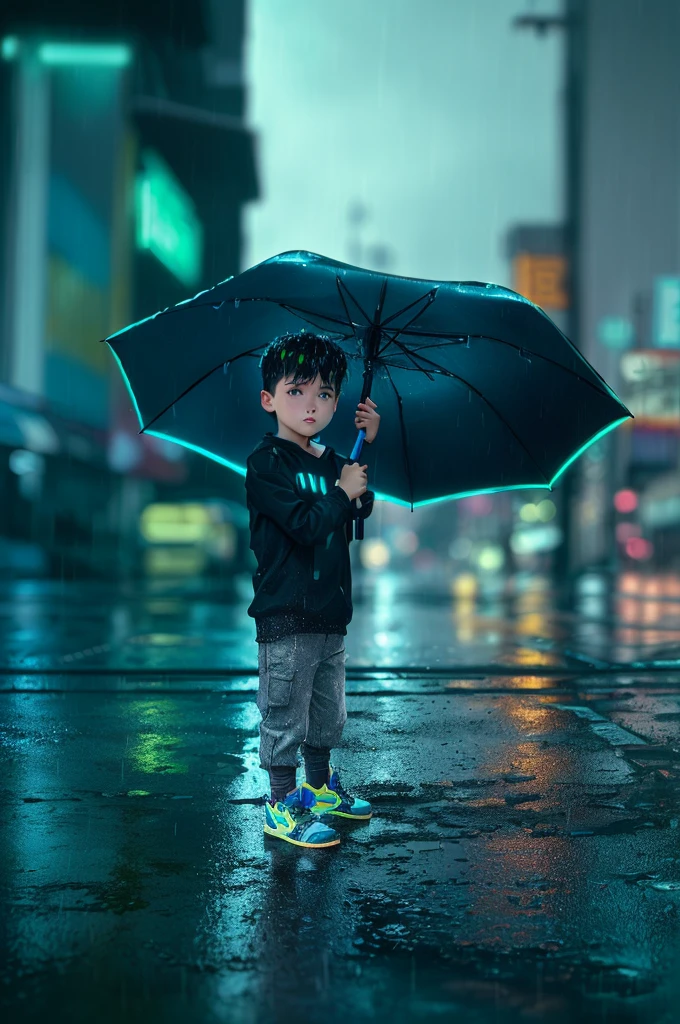 Un jeune garçon tenant un parapluie un jour de pluie, pluie de néony cyberpunk setting, la nuit sous la pluie, il pleut, il pleut, il fait nuit et il pleut, il pleut heavily, prochaine génération, pluie de néon, Tenir un parapluie, il pleut photo primée, pose de héros éclairage de ville coloré, dans un environnement pluvieux, pluie sombre et brillante, Personne seule avec parapluie