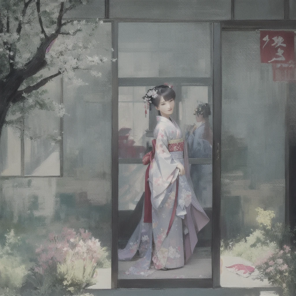 Cena animada de uma mulher em um quimono em pé em frente a uma janela, Palácio ， Garota com vestido Han, Gwaiz, obras de arte no estilo de Gwaiz, bela arte de animework, Gwaiz na estação de arte pixiv, Gwaiz no artstation pixiv, Obra-prima de Gwaiz, arte digital no pixiv, bela arte de anime