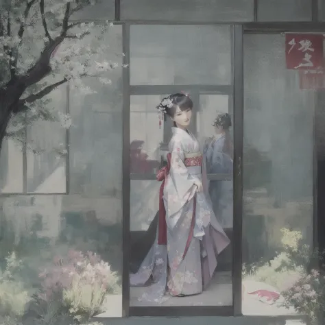 Animated scene of a woman in a kimono standing in front of a window, palace ， Girl in Han Dress, Gwaiz, artwork in the style of ...