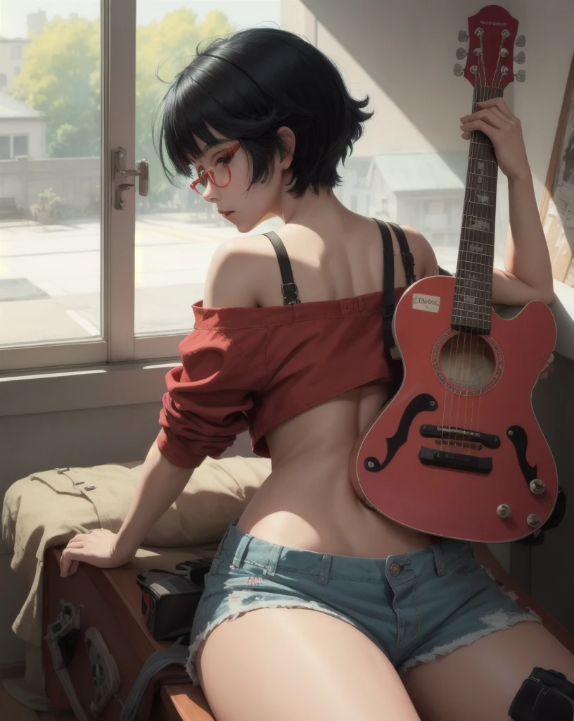 inoms, beautiful, artwork, best quality, 1 girl, colored glasses, has, red clothes, Alone, Shorts, pajamas, crop top, from behind, playing a guitar, sitting on the window, looking outside