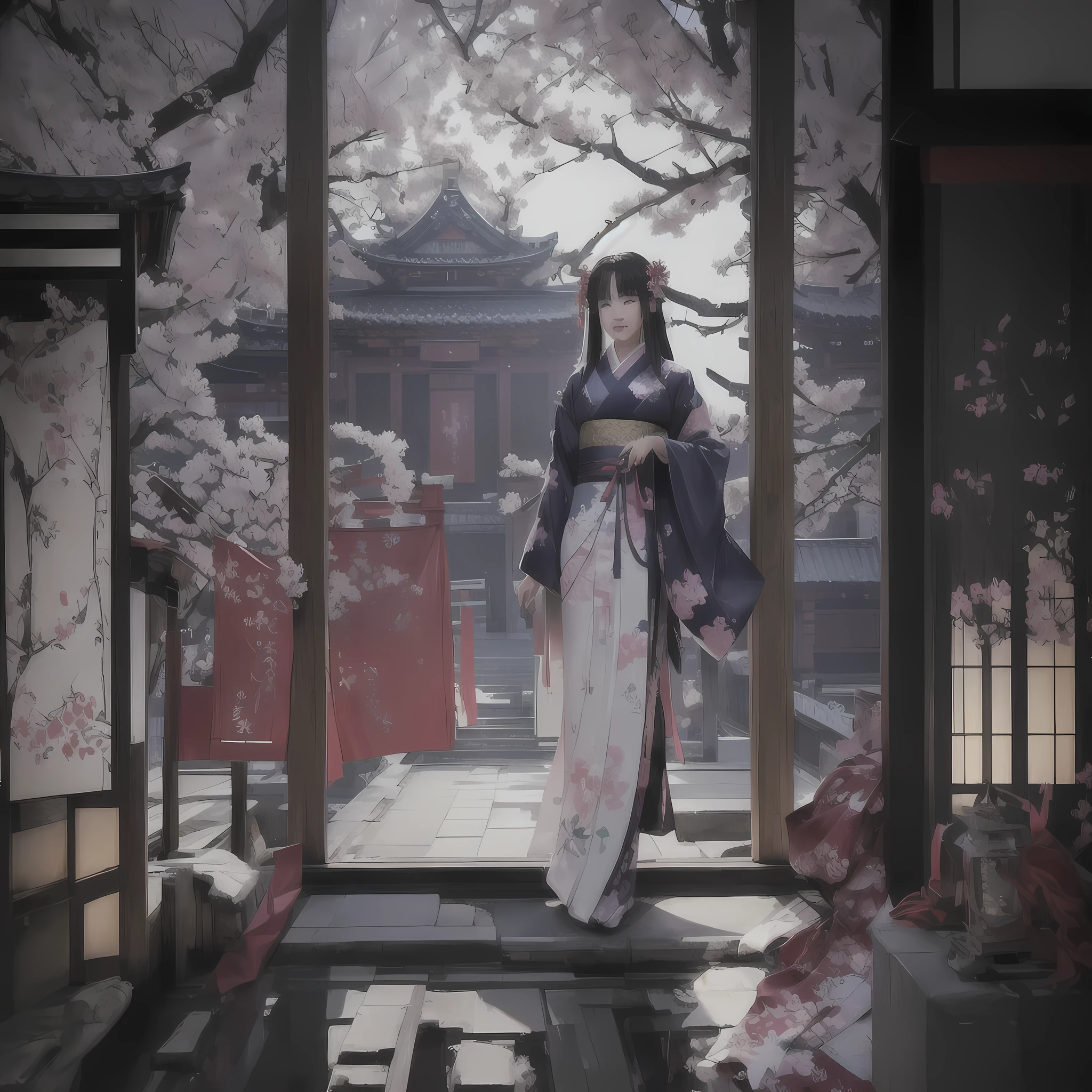 動漫風格的場景，穿著和服的女人站在門口, artwork in the style of 格瓦伊茲, 格瓦伊茲 on pixiv artstation, 格瓦伊茲 on artstation pixiv, 格瓦伊茲, 賽博朋克日本寺廟, 簡傑, 格瓦伊茲 masterpiece, 受到鍾風華的啟發, 宮 ， 漢服少女