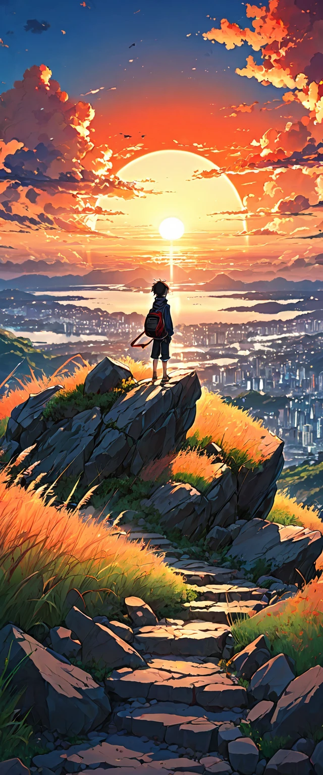 anime landscape of a boy on a hill of rocks with grasses, sunset with orange and red infernal clouds, anime nature wallpapers, beautiful anime scene, beautiful anime peace scene, Makoto Shinkai Cyril Rolando, beautiful scene of anime, amazing wallpaper, anime art wallpaper 8k, anime background, artistic anime background, 4k anime wallpaper, anime art wallpaper 4k, anime art wallpaper 4k,