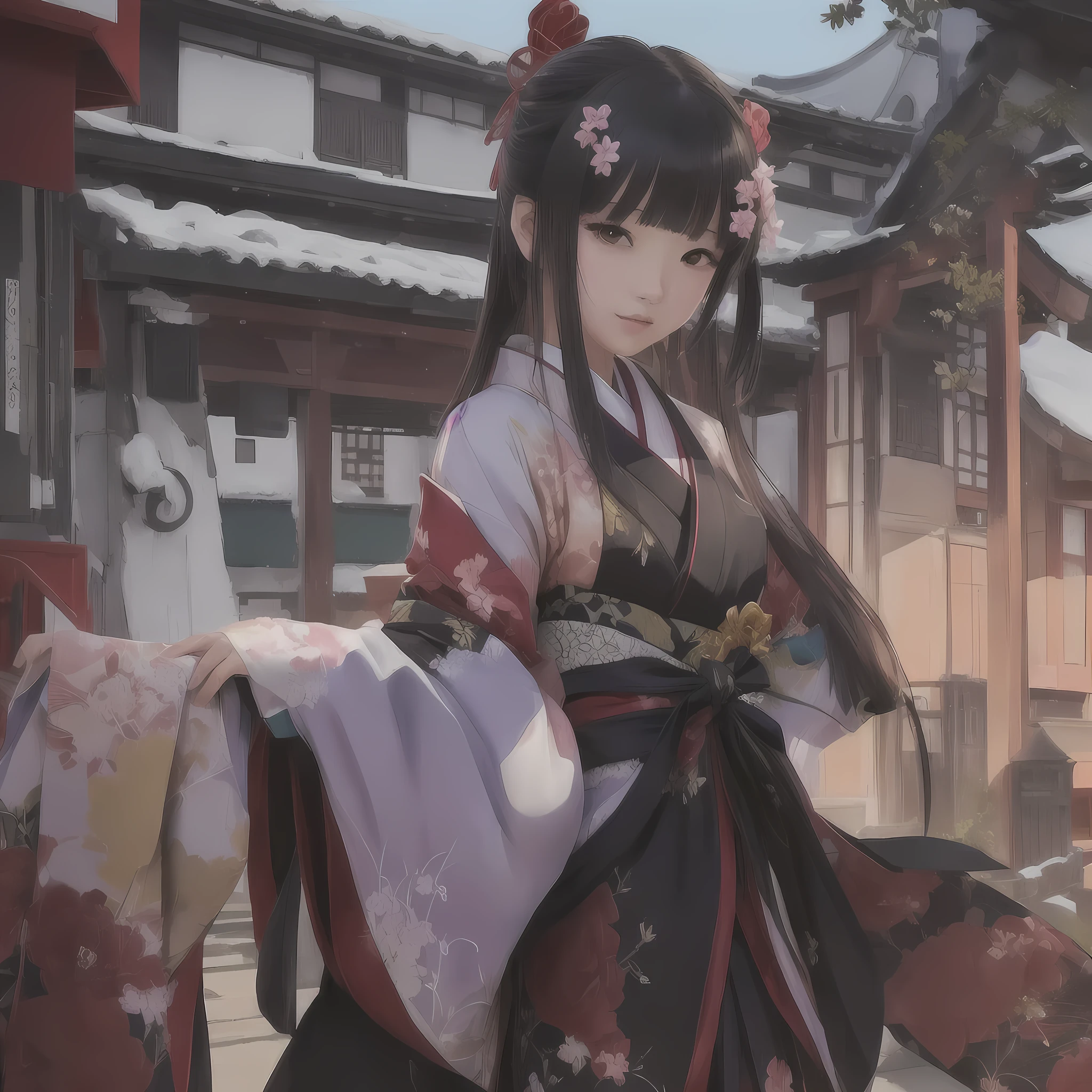 Anime-Mädchen in Kimono-Kleidung, das vor einem Gebäude steht, Gwaiz, Gwaiz auf der Pixiv-Artstation, Gwaiz auf Artstation Pixiv, Alle, Trend auf artstation pixiv, Palast ， Mädchen im Han-Kleid, Kunstwerk im Stil von Gwaiz, Anime-Stil 4K, Jan J