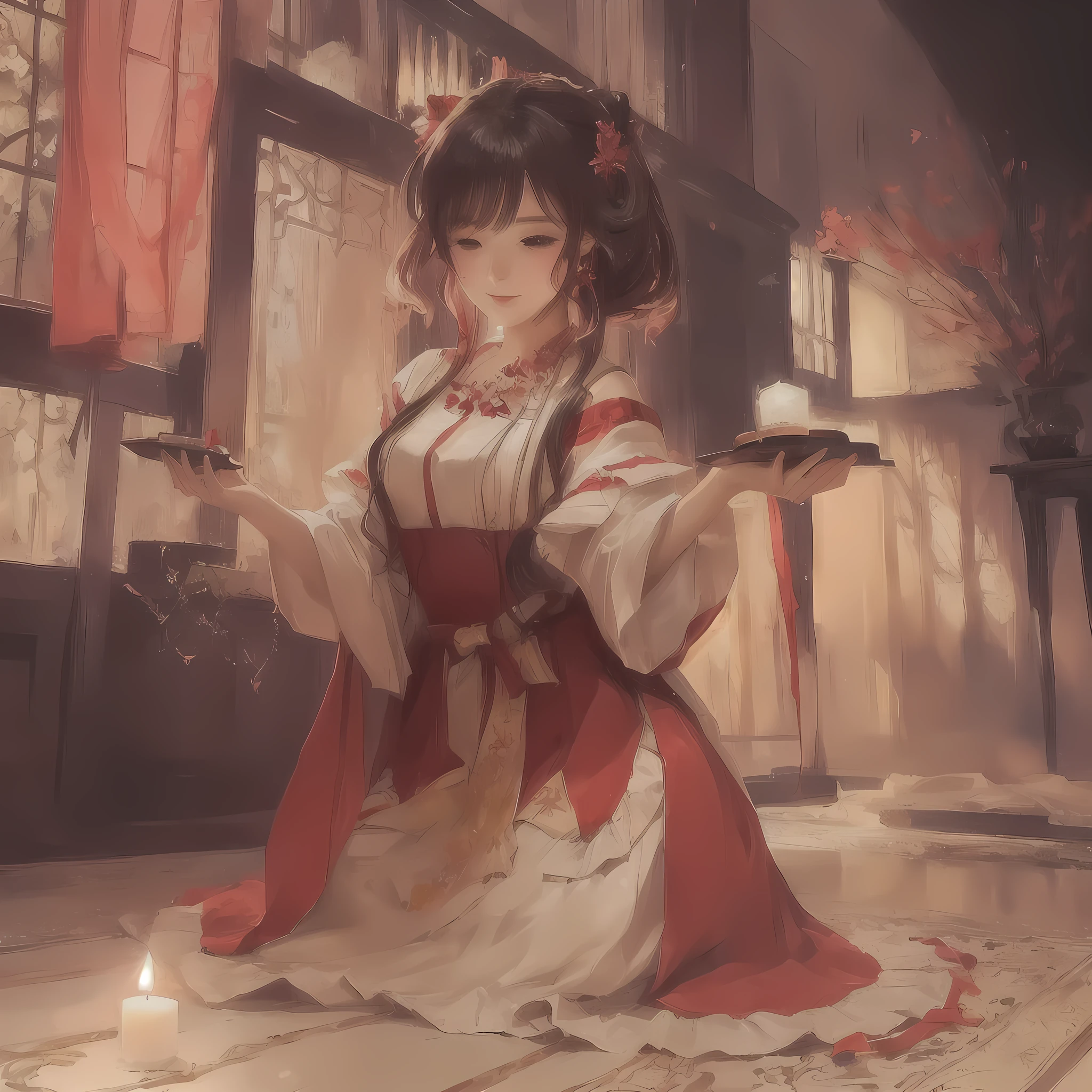 Une fille d'anime vêtue d'une robe rouge tenant une bougie dans une pièce, Gwaiz sur Pixiv artstation, Gwaiz sur artstation Pixiv, Gwaiz, tendance sur artstation pixiv, par Yuumei, Style animé 4K, par Shimo, Belle œuvre d&#39;art animée, œuvres d&#39;art dans le style de Gwaiz, Jan J.