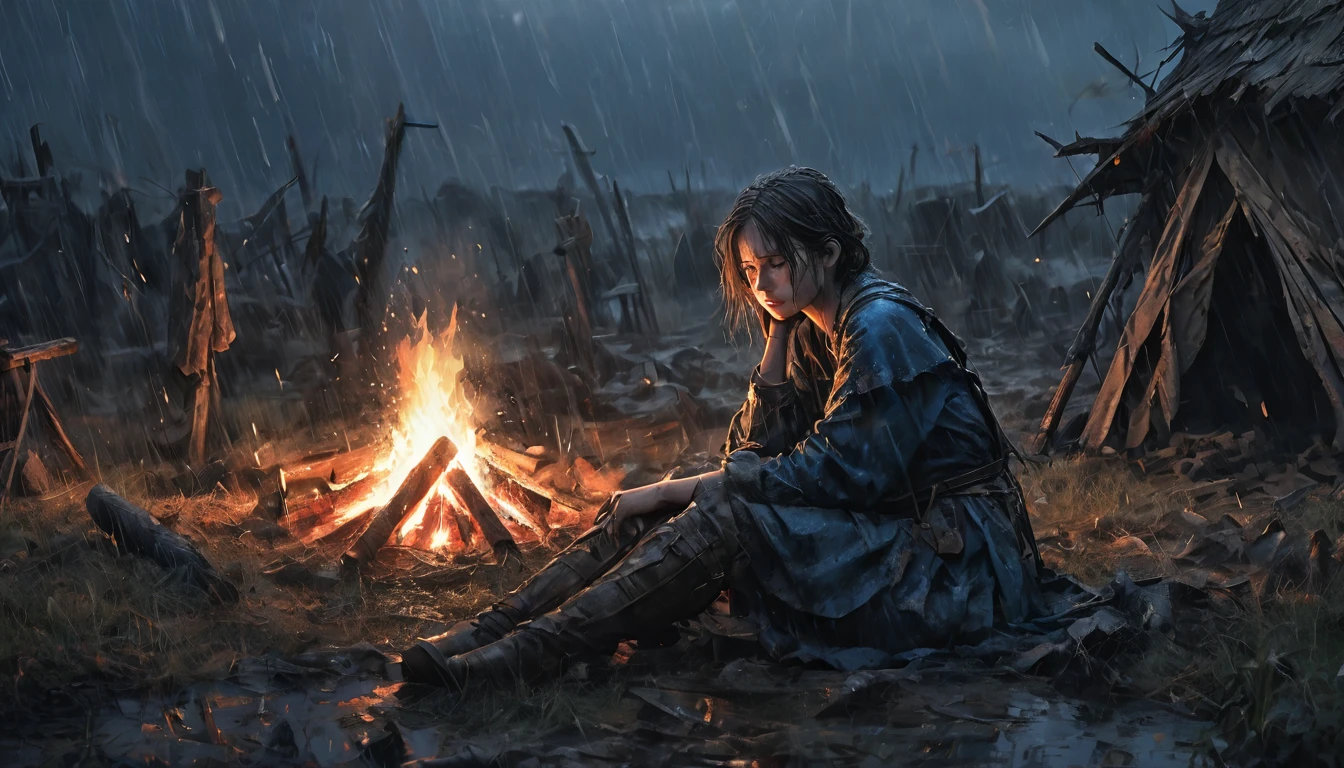 night,　bonfire,campsite　,Collapsed hut,　Few friends,　defeat,Waiting for the return , While being hit by the rain , A poignant atmosphere, Lost Beauty,Melancholic mood, Fascinating, Eternal Sadness, Contrasting, Delicate Decay,Line art,,knight,Blue Blood, Mud and Blood , Both fingers５Book, Woman warrior,A heartbreaking war story,Field