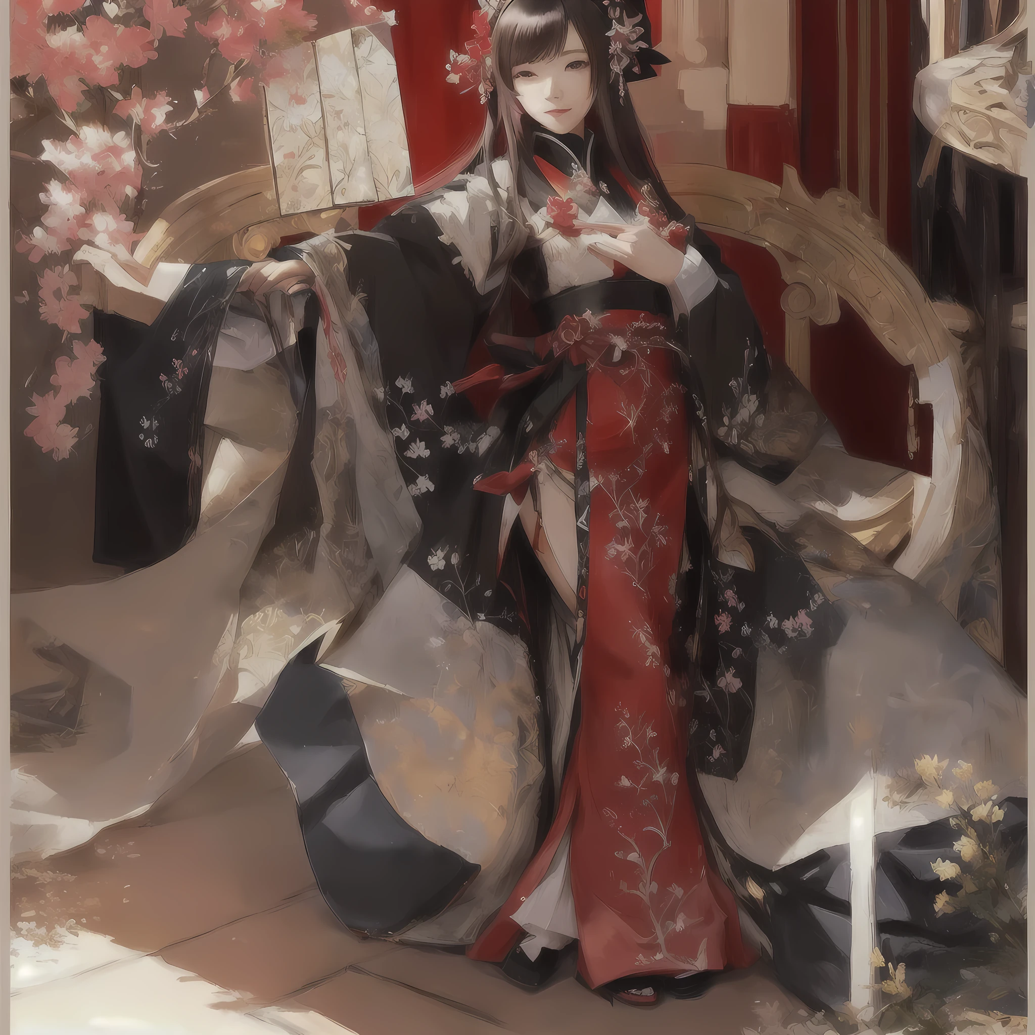 There is a woman wearing a red dress and hat and holding a fan., The Detailed Art of the Onmyoji, Gwaiz on Pixiv artstation, Pixiv contest winner, Zerochan Art, Gwaiz, digital art on Pixiv, Pixiv, Gwaiz on artstation Pixiv, palace ， Girl in Han Dress, trending on artstation Pixiv