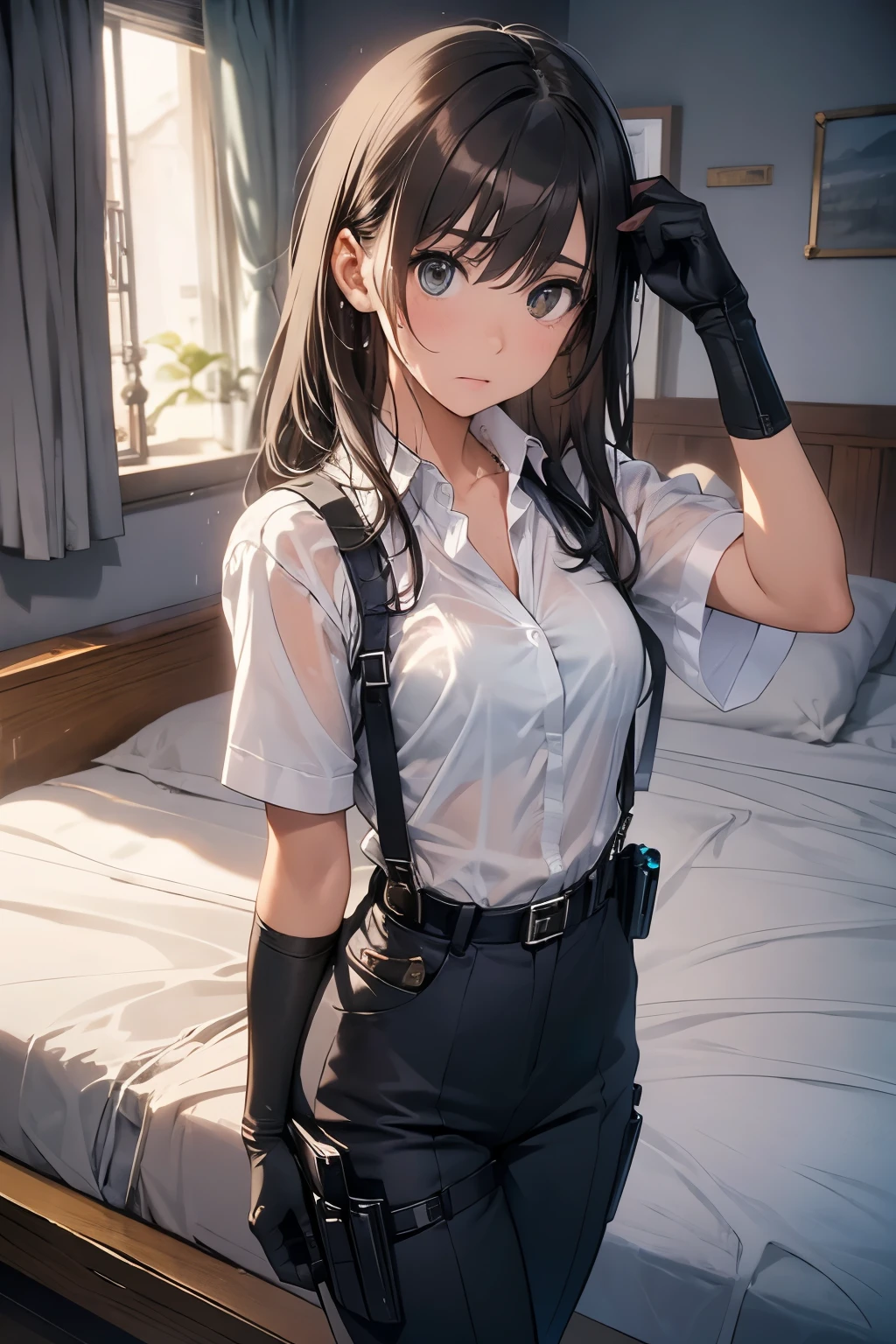 1 female, , high quality, masterpiece, Ultra-high resolution, , Cinema Lighting, , , And the suspenders with the cranes flying　　　Large Breasts　 　 　　　　Small face　 　　　holster　　　　　　　 Lying in bed　Looking up　　　　Sweat 　　　belt　summer　脇Sweat 　Black Hole Gloves　suit　shirt　　Black jacket　 Black trousers　Leg Links　ズボンにbelt　　holster　 　　Hands behind your back　 Anxious expression　Looking up　Anxious face, legs apart　Armament　Handgun　handcuffs　Cable ties　レッグholster　holster　See-through clothing　heavy rain　Getting wet in the rain