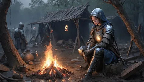 night,bonfire,campsite,collapsed hut, cooking stove, a small number of troops, middle ages　europe, きれいな女knight, high quality fac...