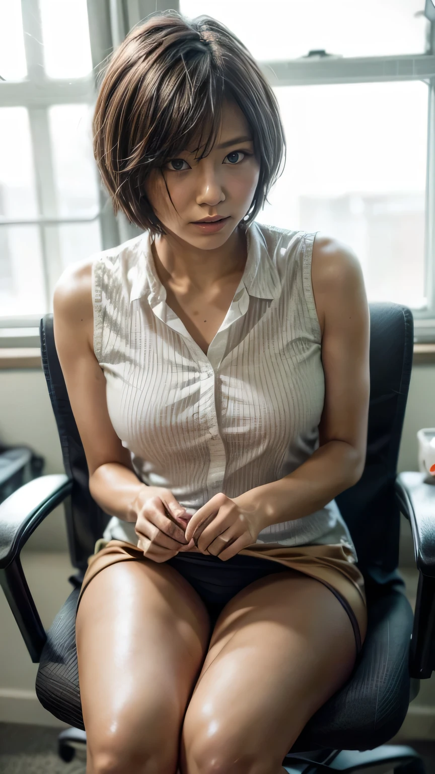 (Bureau au Japon、Femme assise sur une chaise:1.2、Employé de bureau au travail)、((blouse blanche、jupe serrée:1.5、mettre des bas)、le vent est fort、(Réaliste、comme une photo、action en direct、8k, Réaliste, Photos brutes, Meilleure qualité d&#39;image: 1.4), Appareil photo reflex mono-objectif、Photos brutes, la plus haute qualité, Réaliste, Fond d&#39;écran CG Unity 8K très détaillé, Profondeur de la limite écrite, lumière cinématographique, reflet, Tracé laser, Réaliste background、((peau ultra haute densité))、 2 femme、Jolie employée de bureau japonaise、(tout le corps:1.5)、très détailléな顔，détourne les yeux:1.1、(Cheveux courts:1.2、Raccourcis:1.4)、J&#39;aime ce style、élégant、très détaillé、Faites attention aux détails、Tenue parfaite、(peau brûlée par le soleil)、vue de face、des mains précises、jambes précises、Mains et doigts détaillés、corps anatomiquement correct、jambes fines、Cuisses fines、gros seins、visage super détaillé