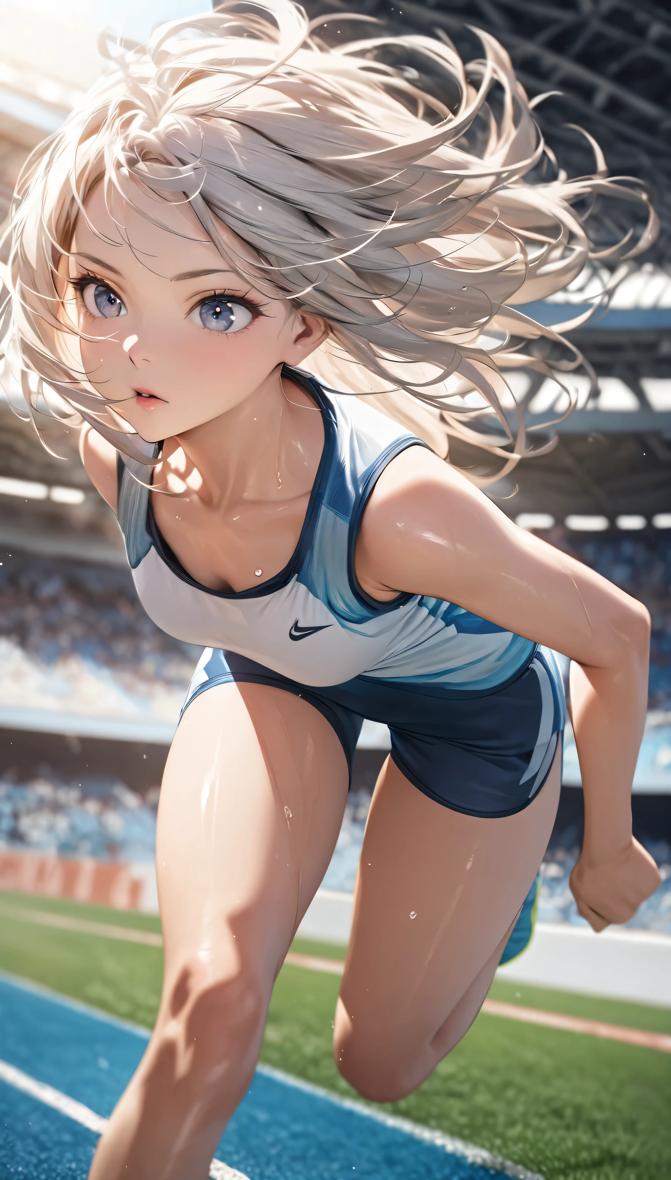 Athletics, Sportswear, Shorts, In detail, High resolution, high quality、Perfect dynamic composition, Beautiful attention to detail, Medium Hair, Natural color lip, Track and field 1 girl, Clear Skin, Shiny Hair, masterpiece:1.2, The correct state of the human body, runner, Running pose,Beautiful sunlight,Stadium,Photograph of hair fluttering in the wind,Tight body lines:1.3, athlete, Positive Energy, Calm background, A nurturing presence, High resolution, Correct Perspective 1.1, 