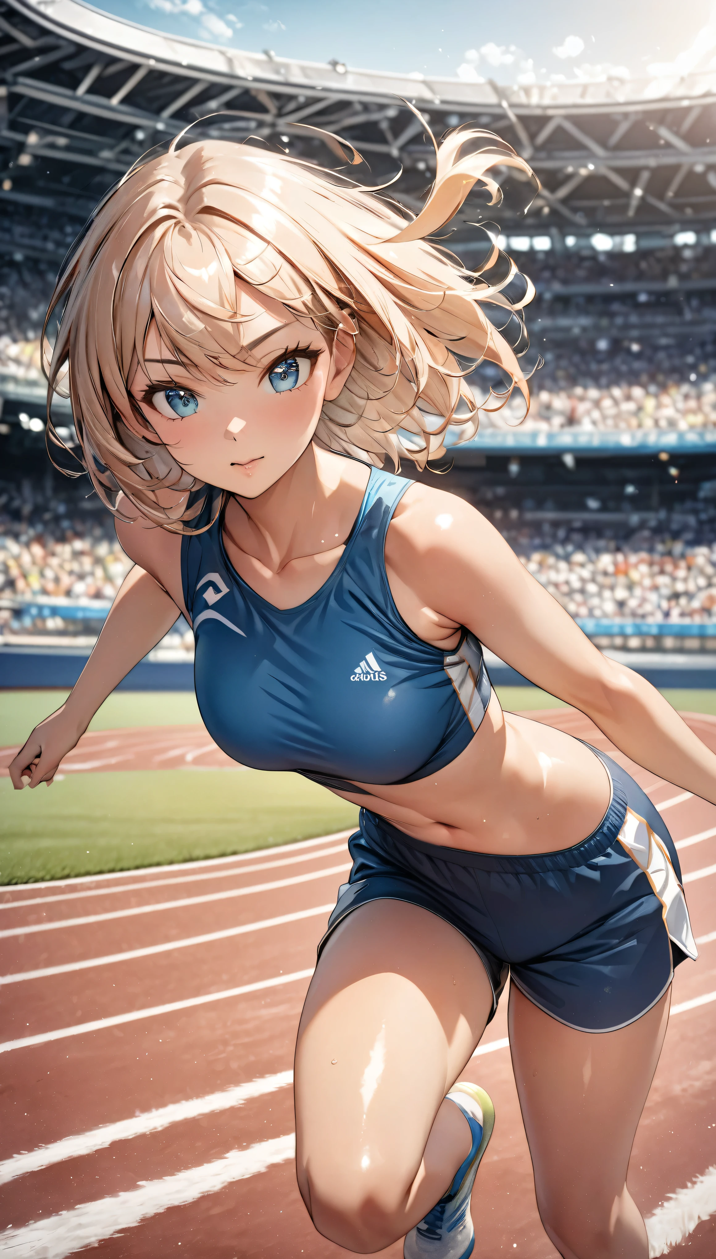 Athletics, Sportswear, Shorts, In detail, High resolution, high quality、Perfect dynamic composition, Beautiful attention to detail, Medium Hair, Natural color lip, Track and field 1 girl, Clear Skin, Shiny Hair, masterpiece:1.2, The correct state of the human body, runner, Running pose,Beautiful sunlight,Stadium,Photograph of hair fluttering in the wind,Tight body lines:1.3, athlete, Positive Energy, Calm background, A nurturing presence, High resolution, Correct Perspective 1.1, 