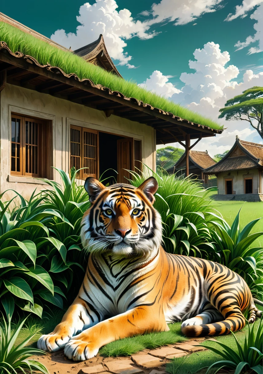 Un tigre couché sur l&#39;herbe devant une vieille maison aux murs en terre、Le tigre te regarde、Tabby brun avec huit motifs séparés、Sous les feuilles vertes、Nuages blancs sur un ciel clair、Haute reproductibilité des couleurs、Attention au détail