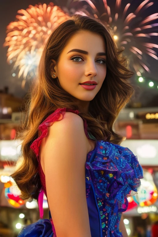 une fille dans un festival italien vibrant, robe colorée, Feux d&#39;artifice en arrière-plan, Visage détaillé, de beaux yeux et de belles lèvres, extrêmement détaillé, Photoréaliste, 8k, HDR, Éclairage professionnel, Cinématique, art fantastique, Couleurs vives, capricieux, Joyeux