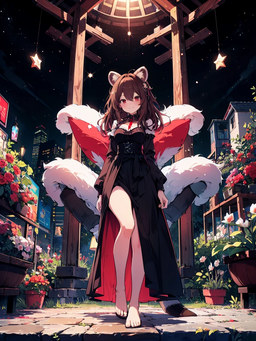 (Full Body Shot), (colorful:1.1), Shine, (Ultra-high resolution, Depth of written boundary:1.2), (Tingyun), (Serious Star Rail:1.1), alone, Raccoon Ears, 4 raccoon tails, Fluffy tail, Red Eyes, Red underline, (Brown Hair), long Brown Hair with a hint of red, Medium chest, (Long black dress with waist cincher), Cross collar shirt, Cleavage, barefoot, smile, (Squint your eyes), Garden view