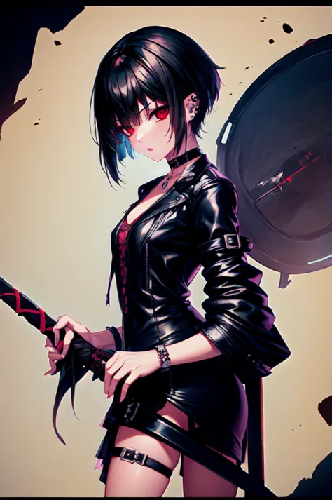 a girl wielding a sword, dressed in edgy attire with a piercing and a choker. The central image portrays her as a digital charac...