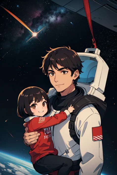 Man, short stylized black hair, brown eyes, handsome,, athletic, smiling, holding daughter on shoulders, space dystopia clothing