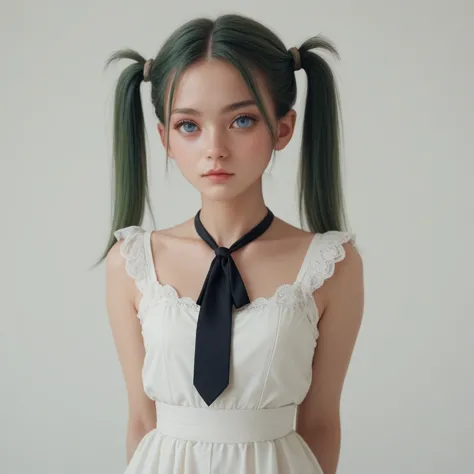 the innocence, dark green hair, twin tails, arms behind the back, white dress, black waist tie, a girl,blue eyes,